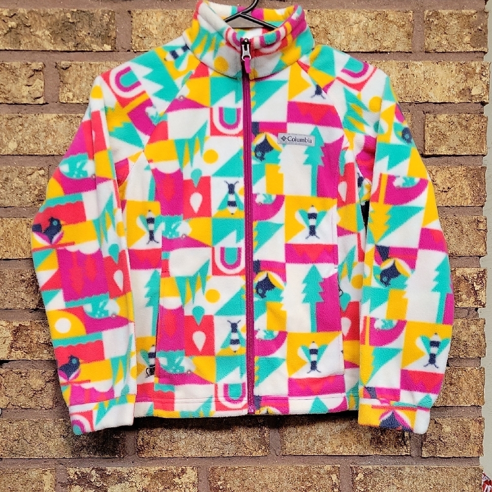 Columbia Kids Geometric Cozy Fleece Jacket Multicolor Size Medium 10/12 Like New